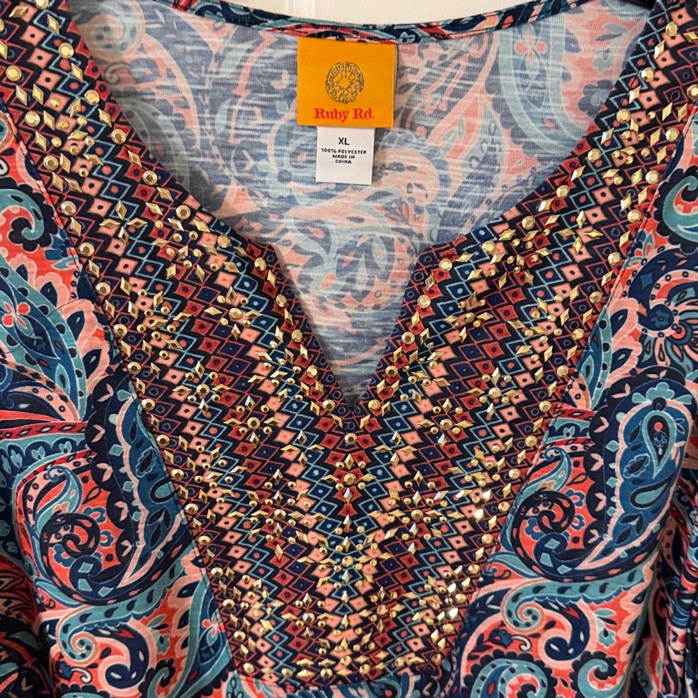 Ruby Rd. Blue Multi Paisley V-Neck Peasant Blouse - Picture 5 of 8